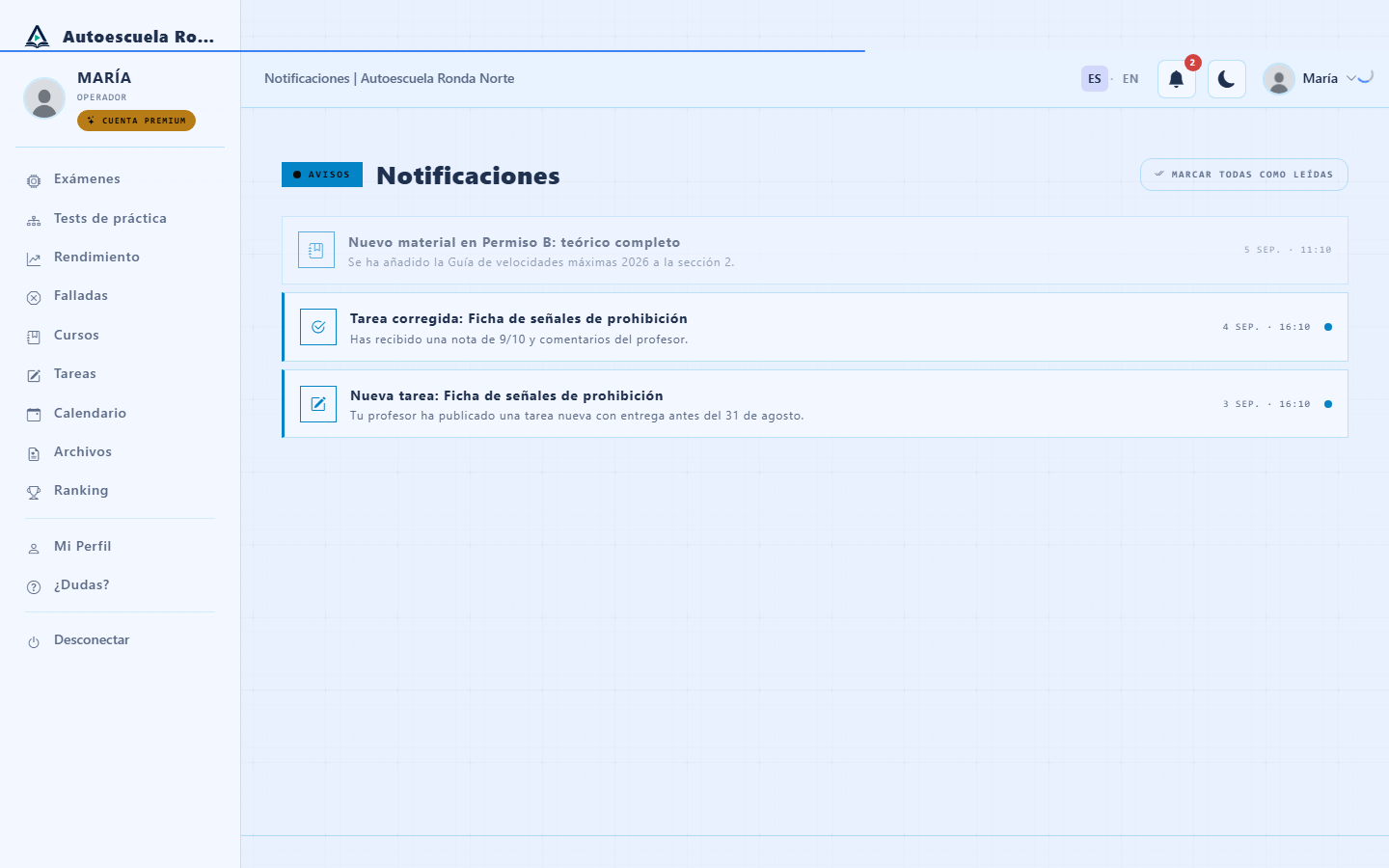Envío de una notificación a los alumnos de la academia