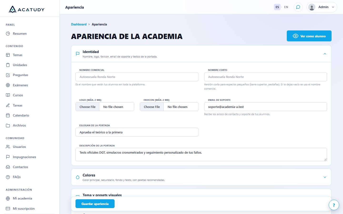 Panel Apariencia con los ocho bloques desplegables