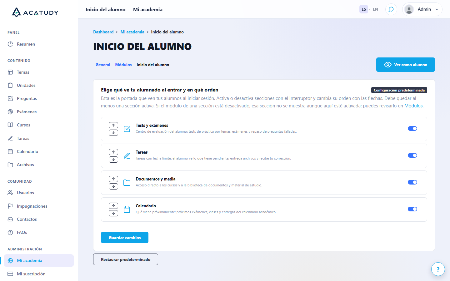 Pestaña Inicio del alumno con los cuatro bloques reordenables