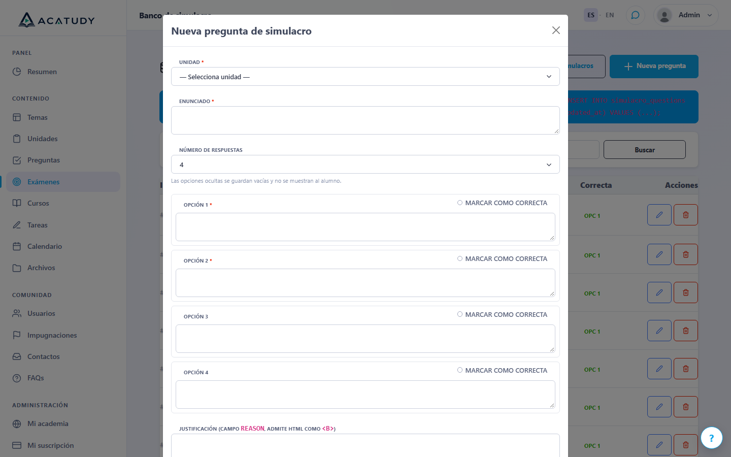 Banco de preguntas de simulacro con el formulario de nueva pregunta