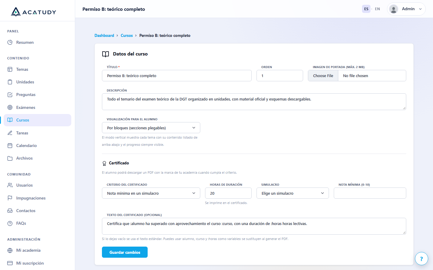 Configuración del certificado por nota mínima en el simulacro