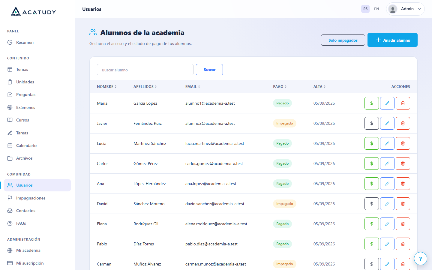 Gestión de accesos de alumnos en la sección Usuarios