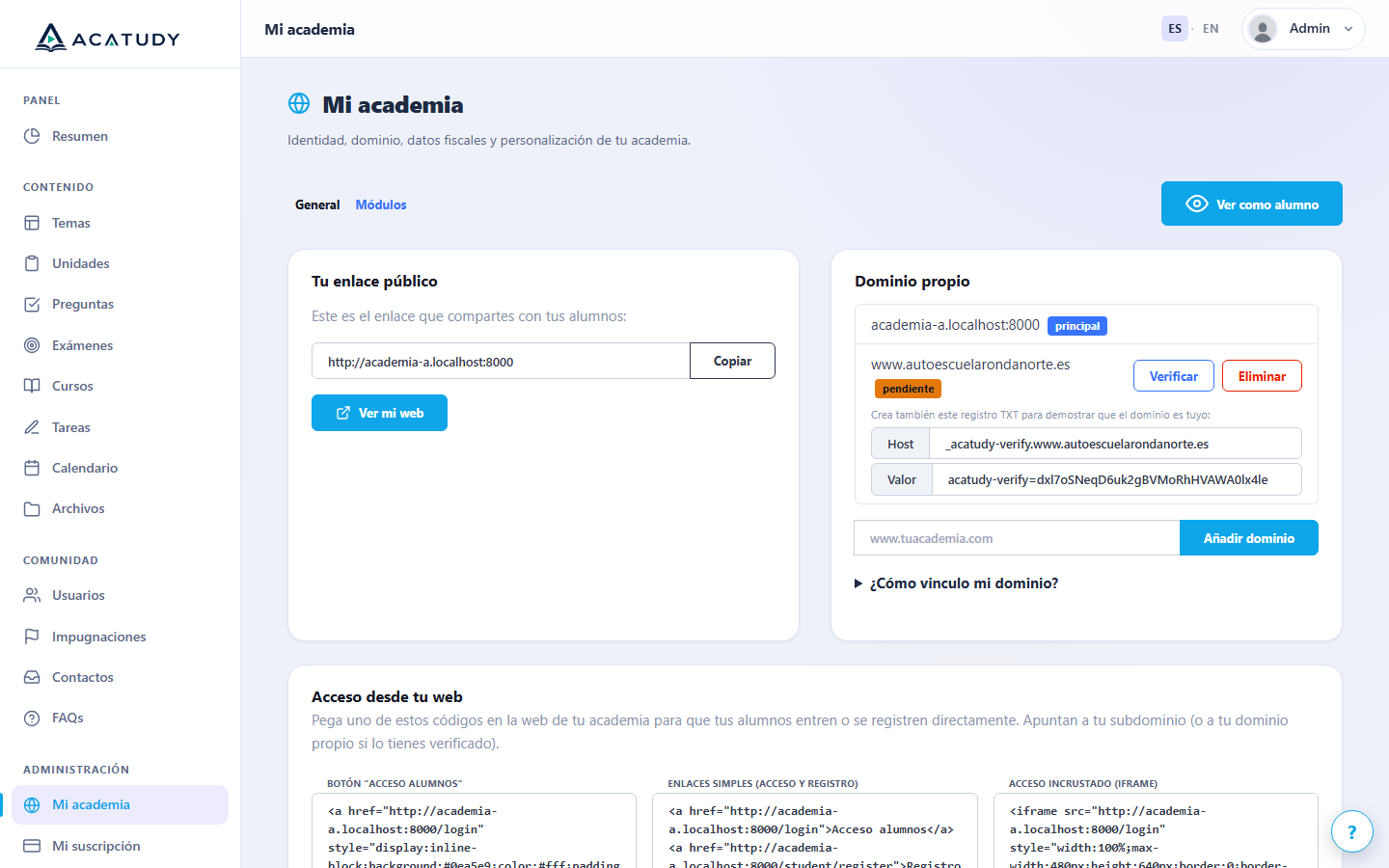 Valor del registro TXT _acatudy-verify junto al dominio pendiente