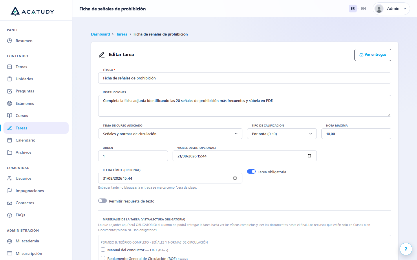 Tarea con el material obligatorio adjunto