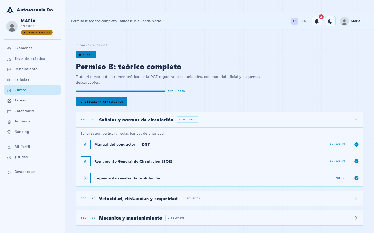 Certificado PDF descargable por el trabajador