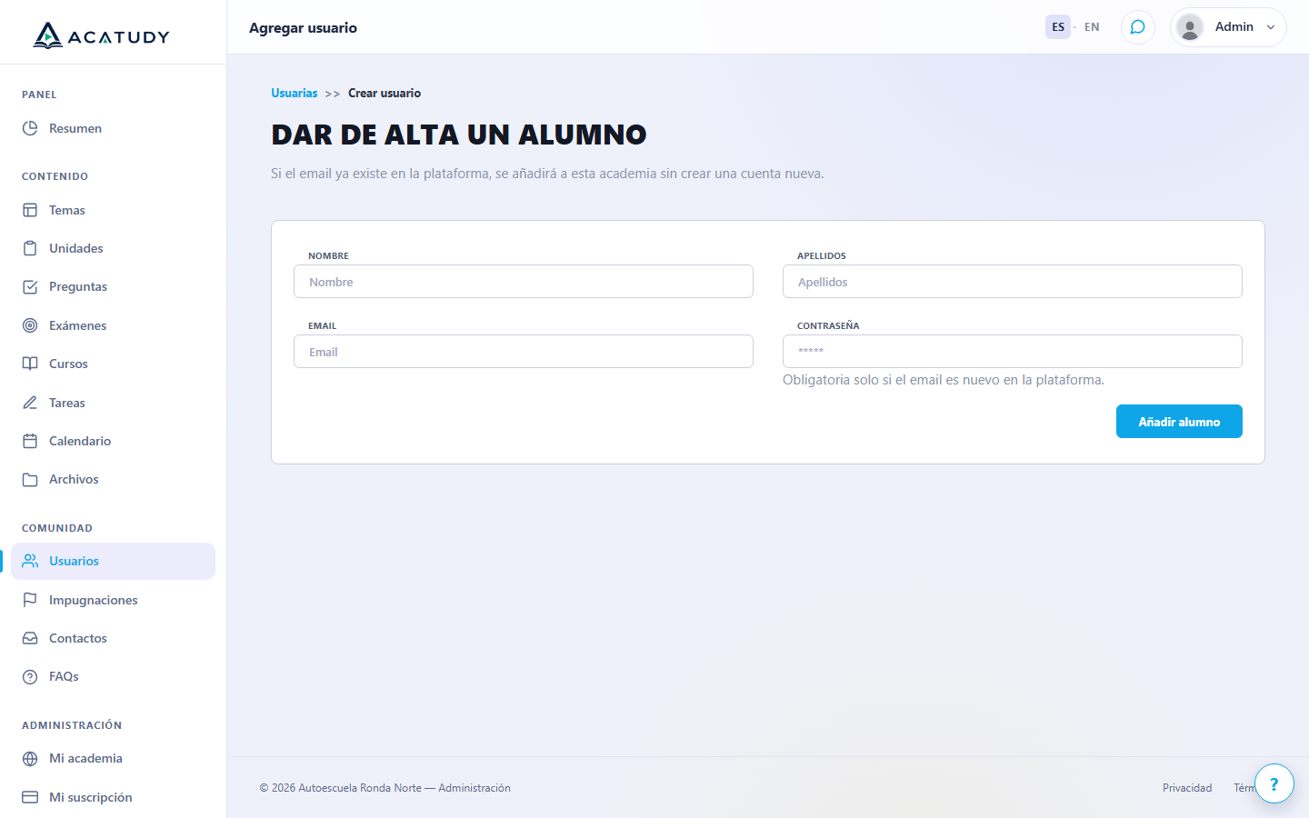 Formulario de alta de un alumno en la sección Usuarios
