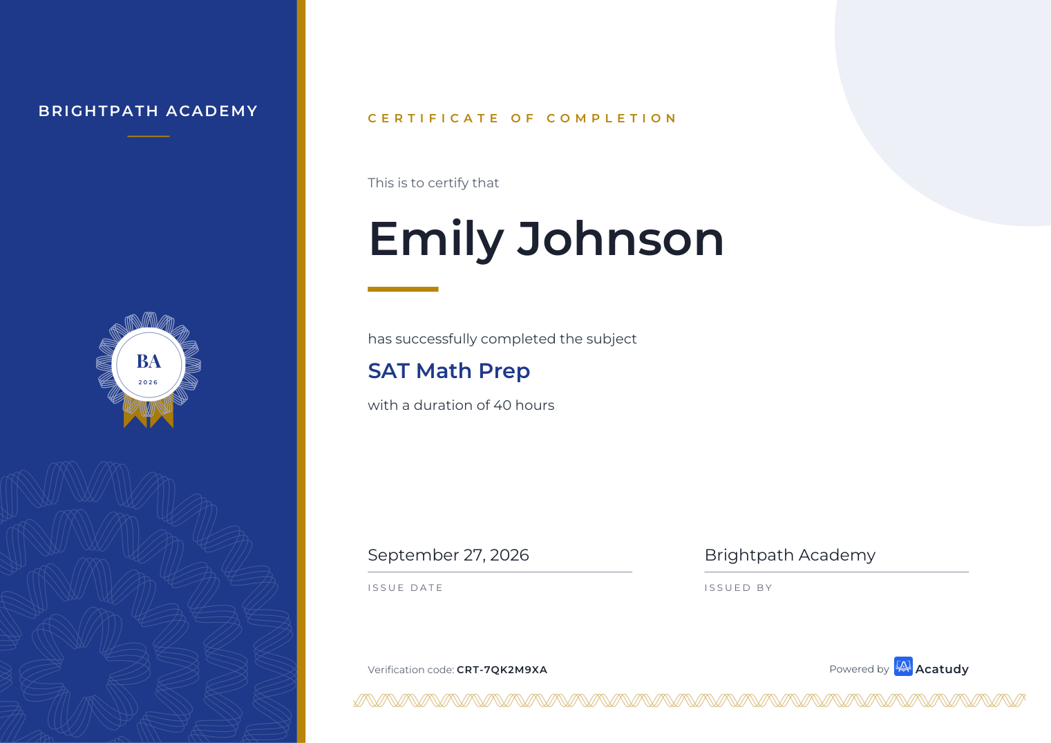 Modello di certificato Modern per SAT Math Prep rilasciato da Brightpath Academy
