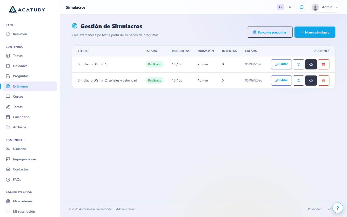 Gestión de simulacros con el acceso al banco de preguntas