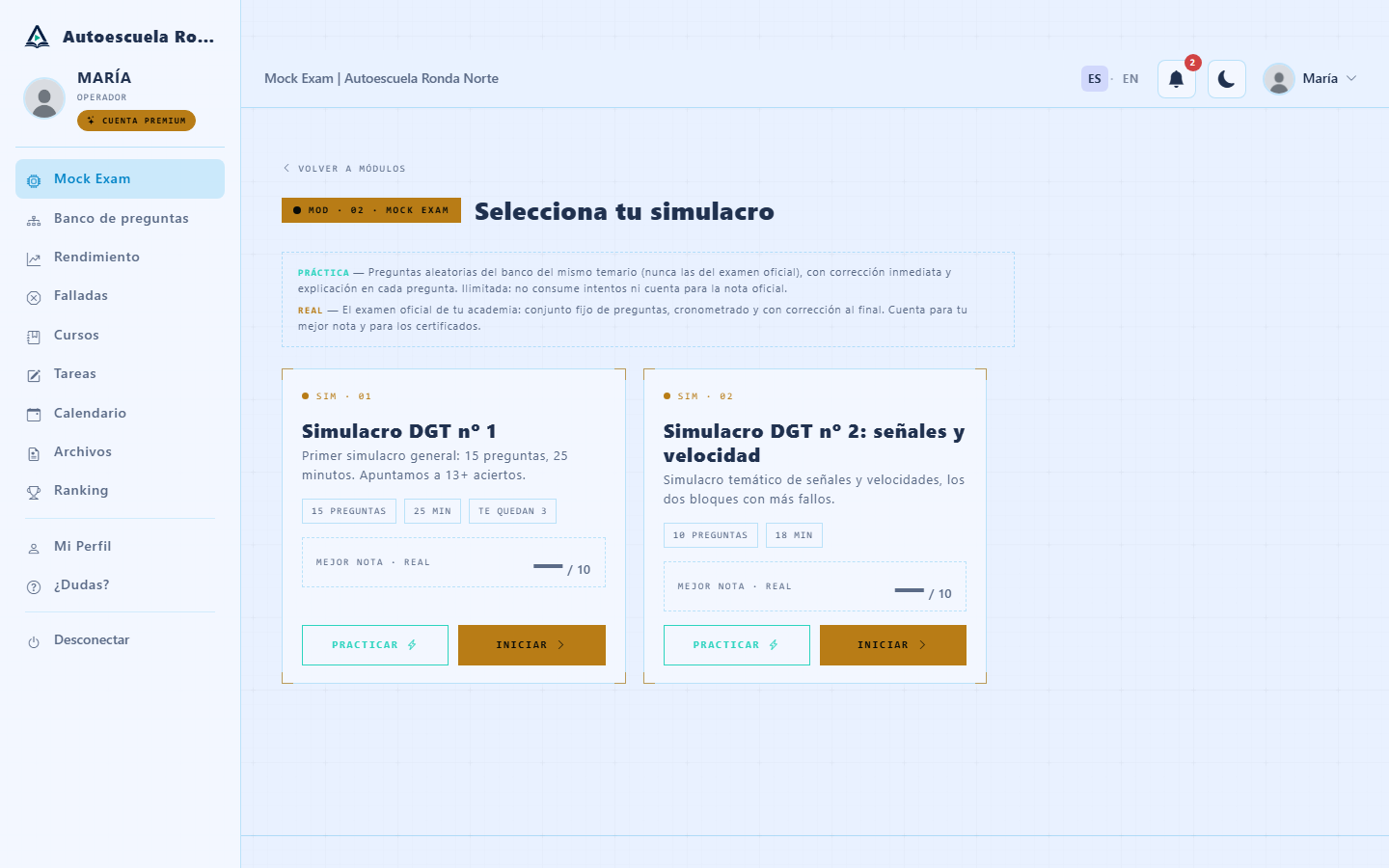 Sección Mock Exam del alumno con los botones Practicar e Iniciar