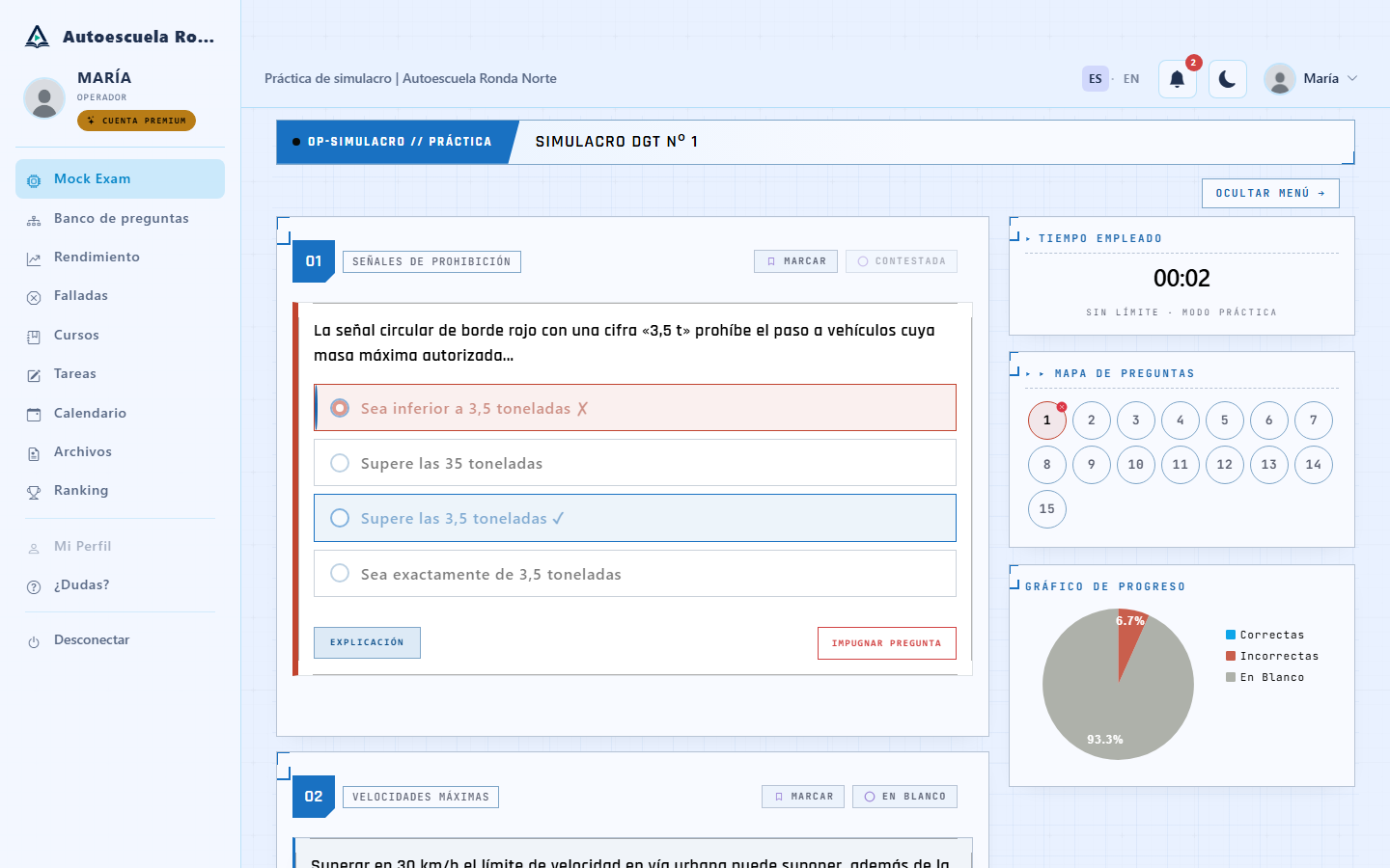 Modo práctica con corrección inmediata y explicación por pregunta