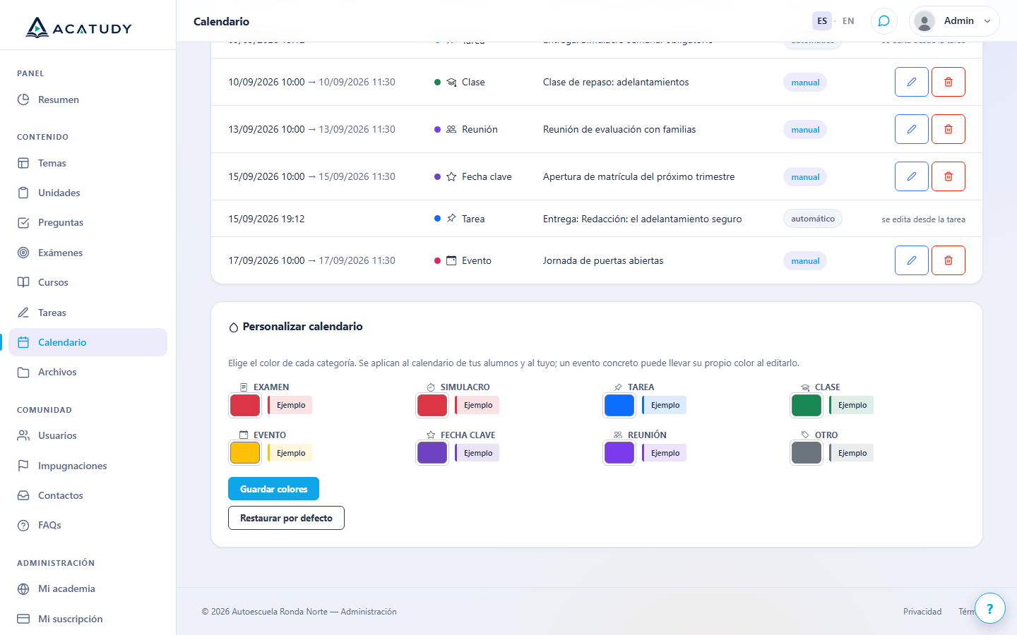 Panel Personalizar calendario con un color por categoría