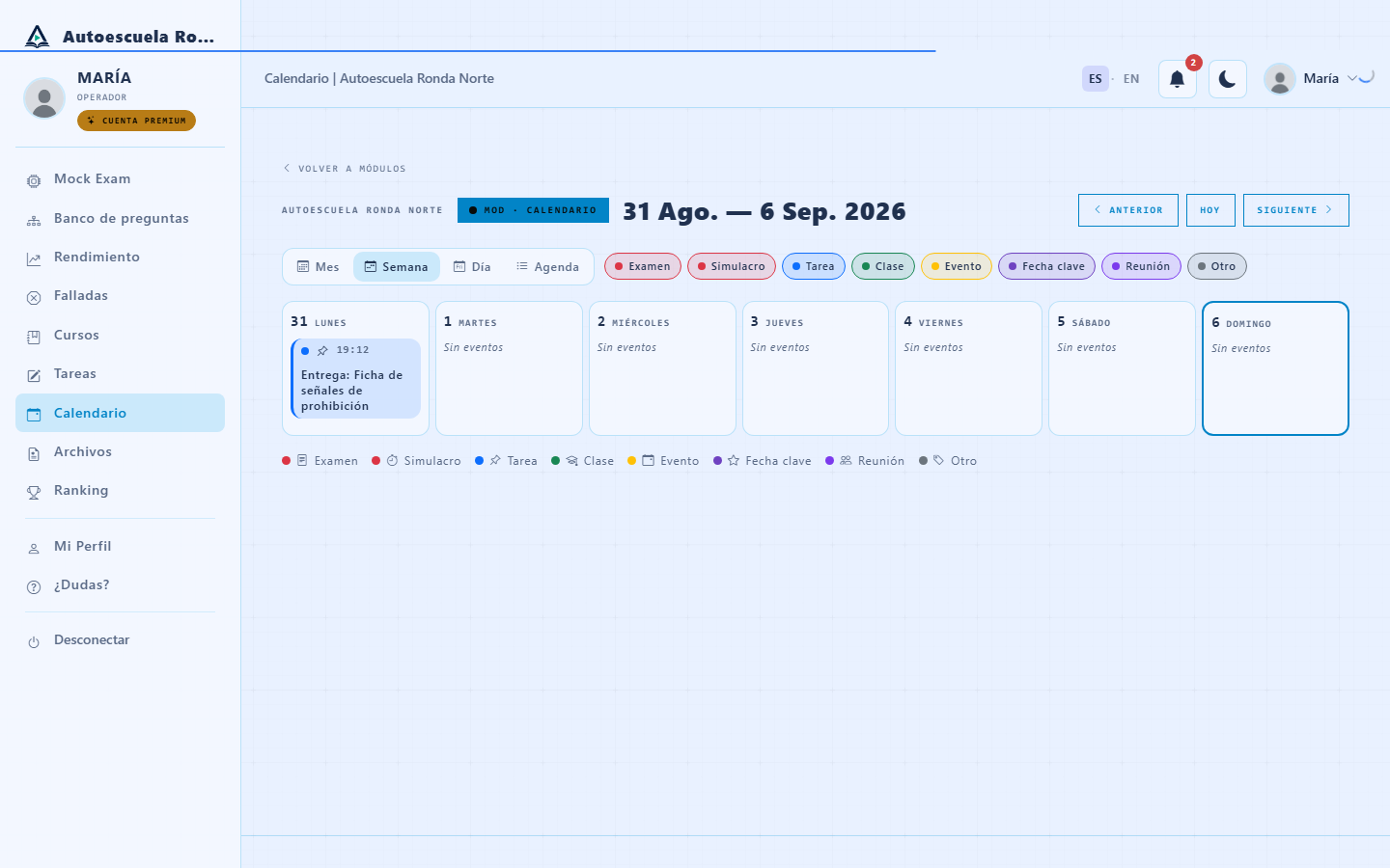 Calendario del alumno en vista semanal con filtros por tipo