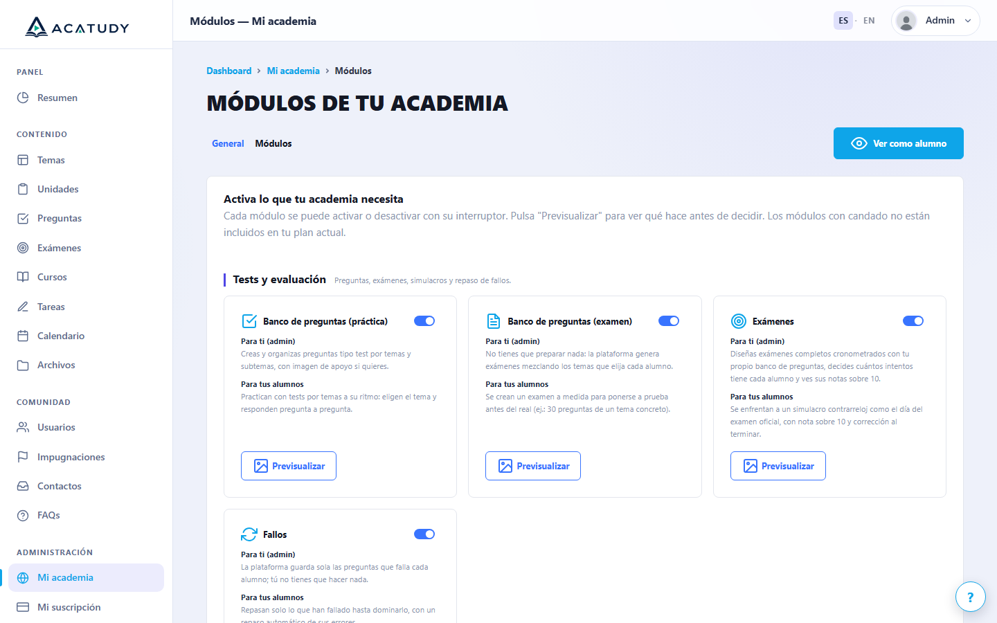Panel de módulos de Mi academia con los interruptores