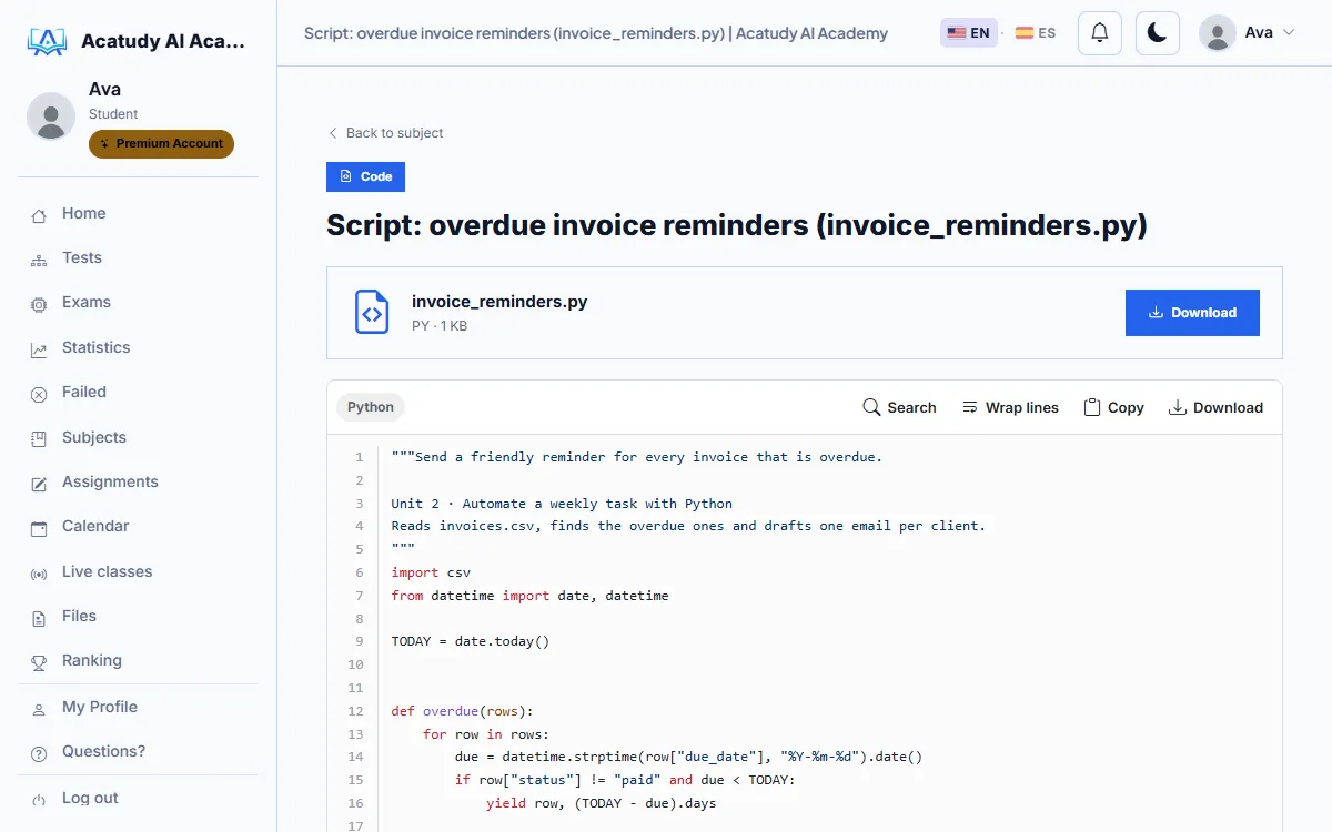 Script Python avec coloration syntaxique, recherche, copie et téléchargement dans l’espace élève
