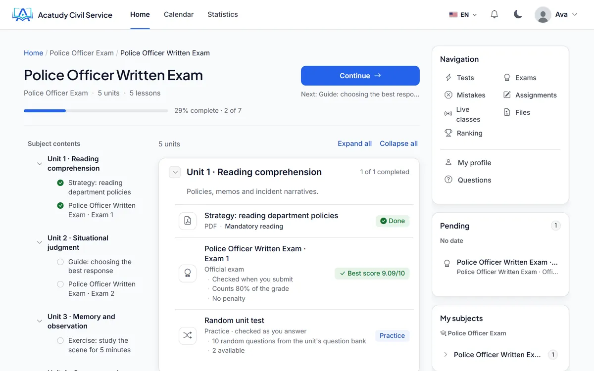 Programme d’un examen de la fonction publique par unité, avec lectures obligatoires, examens officiels et tests aléatoires