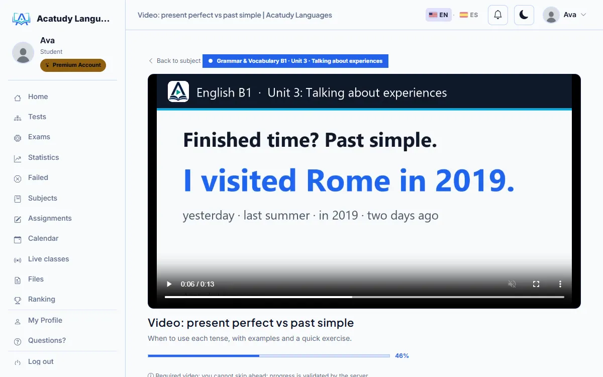 Leçon vidéo d’anglais B1 sur le present perfect et le past simple dans l’espace élève
