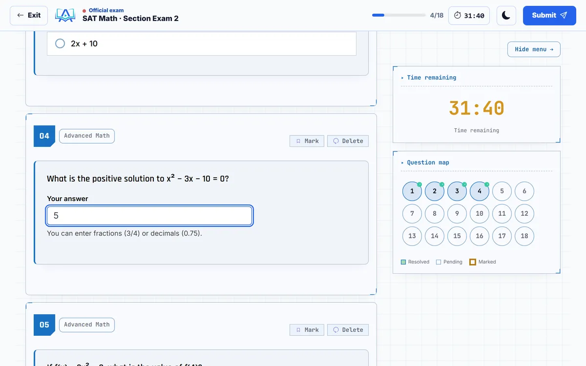 Examen officiel chronométré de maths du SAT avec réponse produite par l’élève (grid-in) et plan des questions