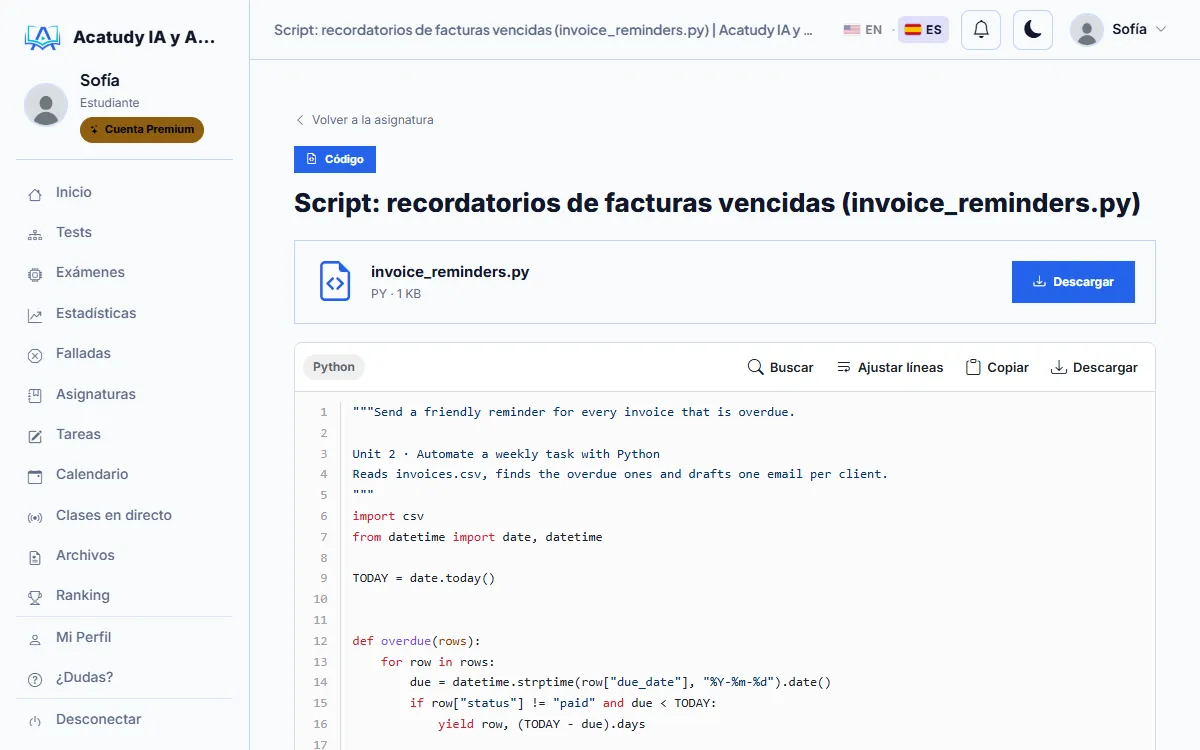 Script de Python con resaltado de sintaxis, búsqueda, copia y descarga en el área del alumno
