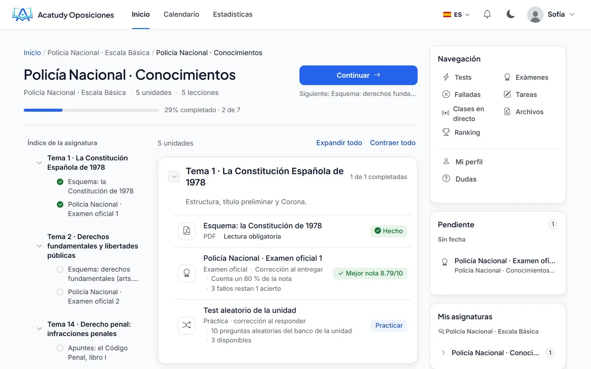 Temario de una oposición por temas, con lecturas obligatorias, exámenes oficiales y tests aleatorios