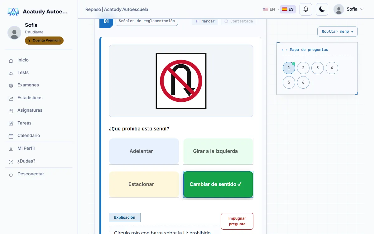 Pregunta del teórico del permiso con una señal de tráfico y la respuesta correcta marcada