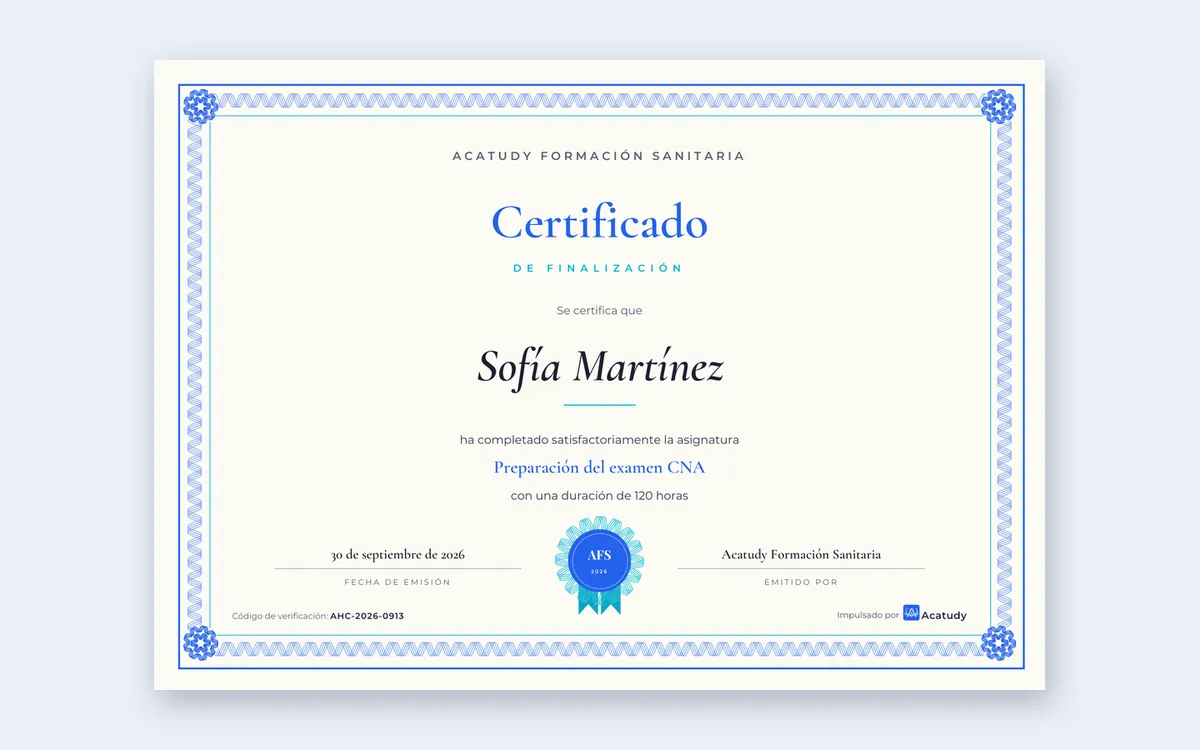 Certificado de finalización descargable del curso de auxiliar de enfermería (CNA)