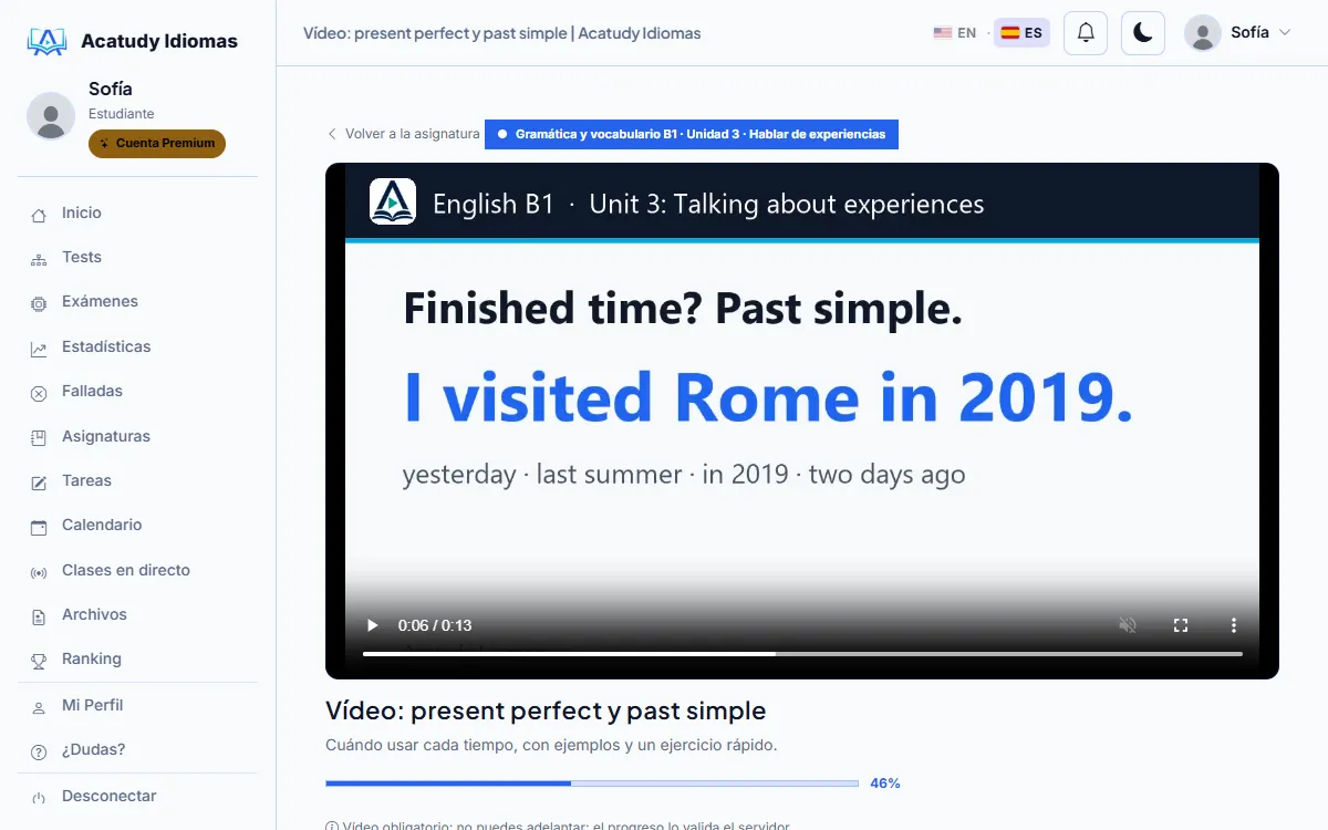 Lección en vídeo de inglés B1 sobre present perfect y past simple en el área del alumno
