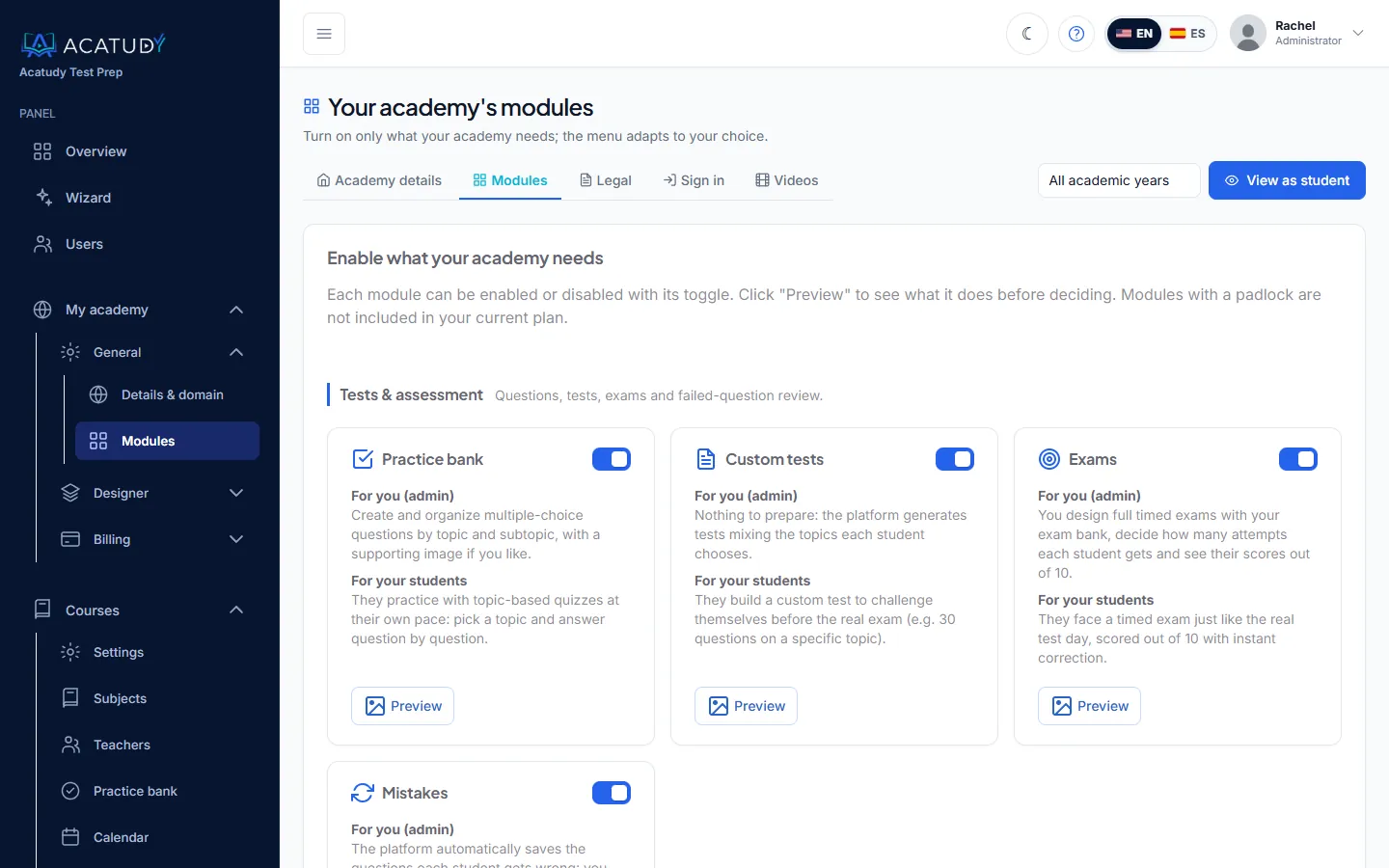 Page des modules avec un interrupteur et un aperçu pour chaque module