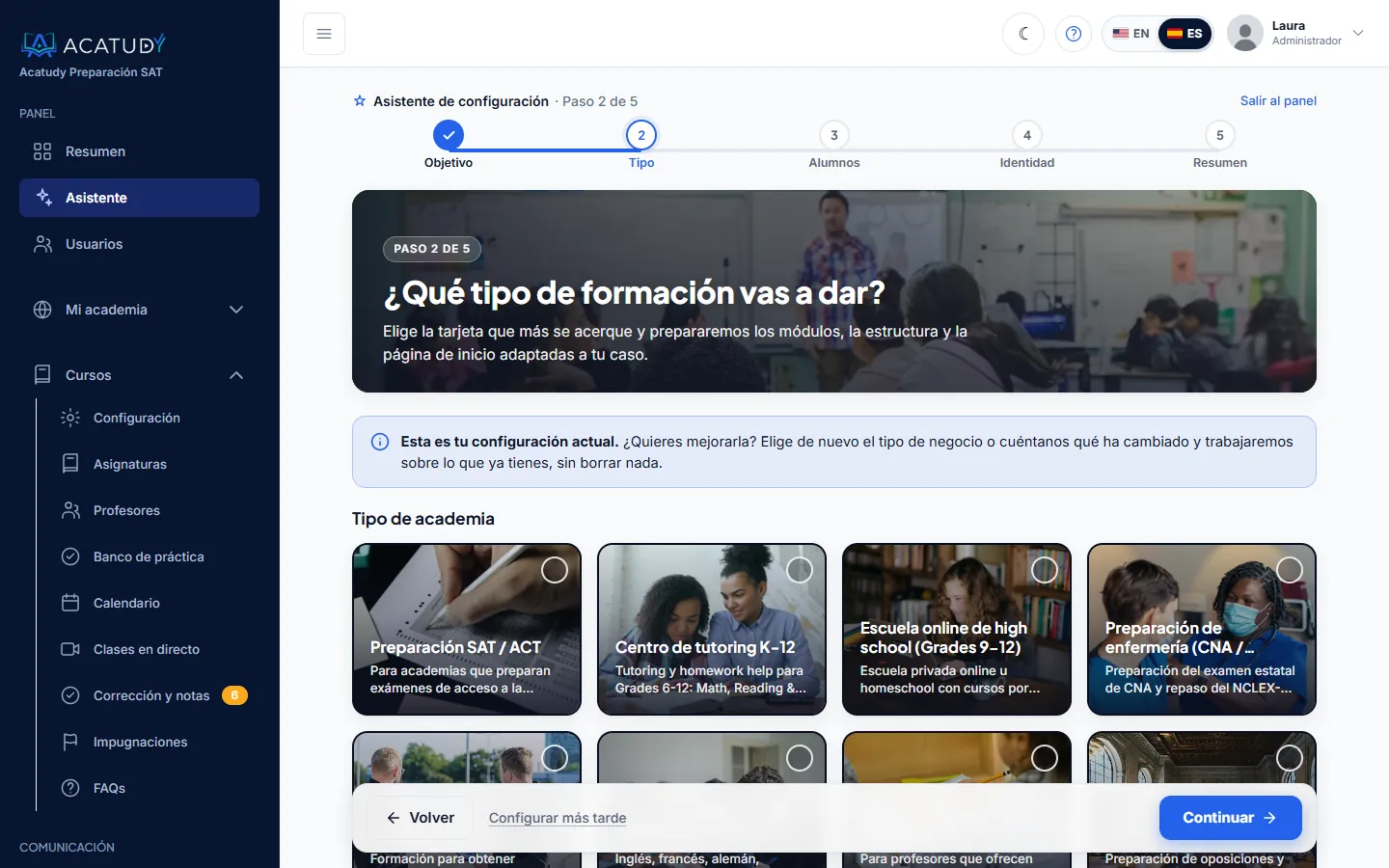 Asistente inicial que pregunta qué tipo de formación das, con una tarjeta para cada tipo de academia