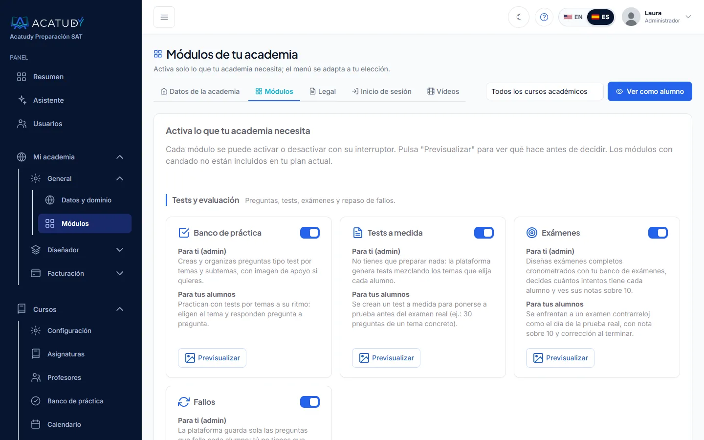 Página de módulos con un interruptor y una vista previa para cada módulo