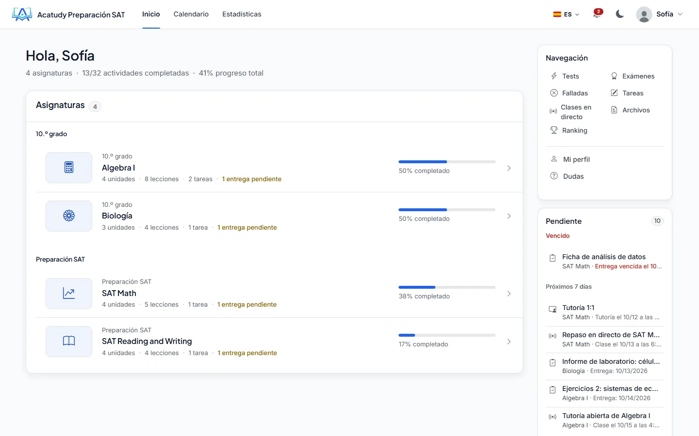 Área del alumno en modo vertical, con sus asignaturas, el progreso y lo pendiente