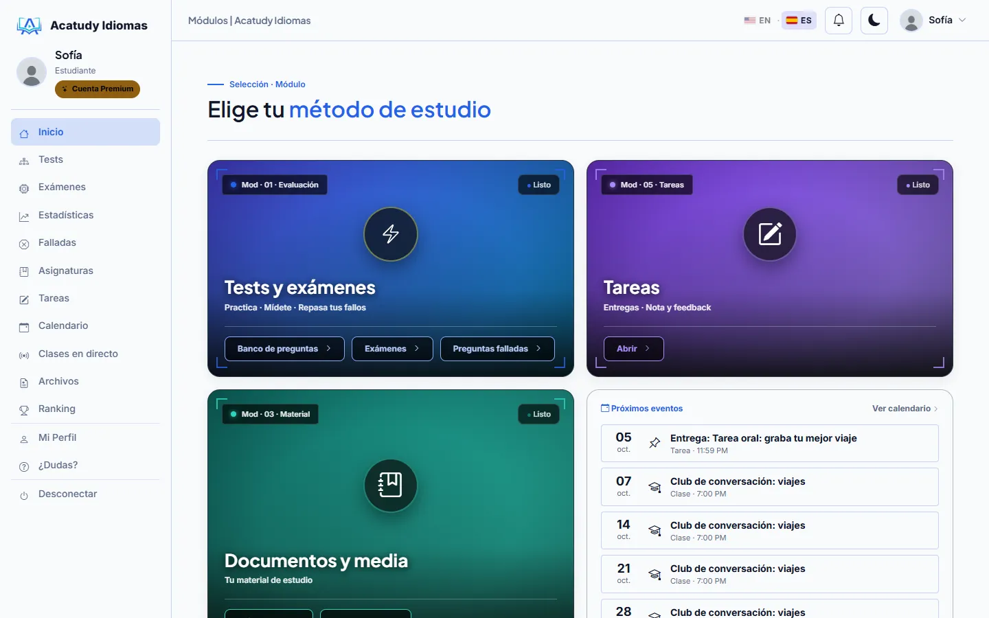 Área del alumno en modo visual, con tarjetas grandes para tests y exámenes, tareas y materiales